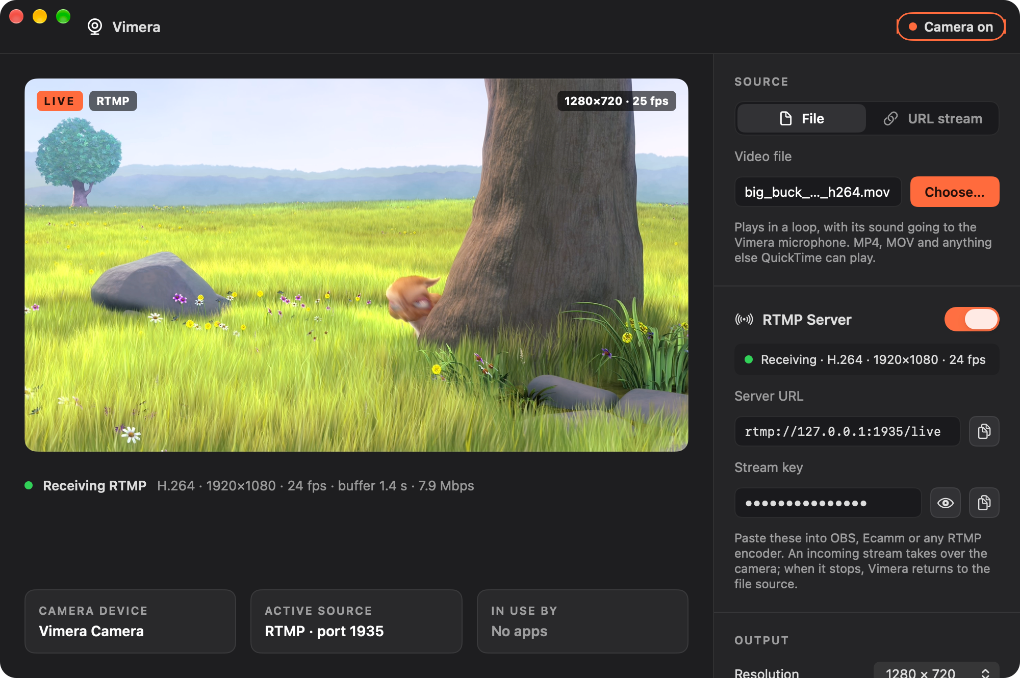 Vimera receiving an RTMP stream from an encoder
