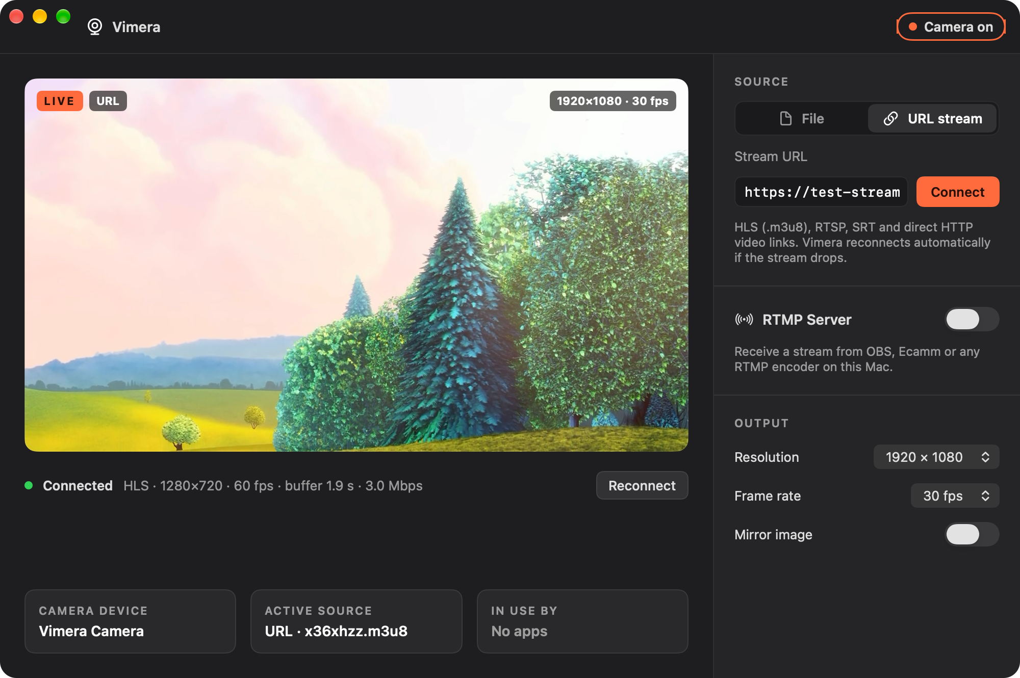 A live HLS stream connected in Vimera