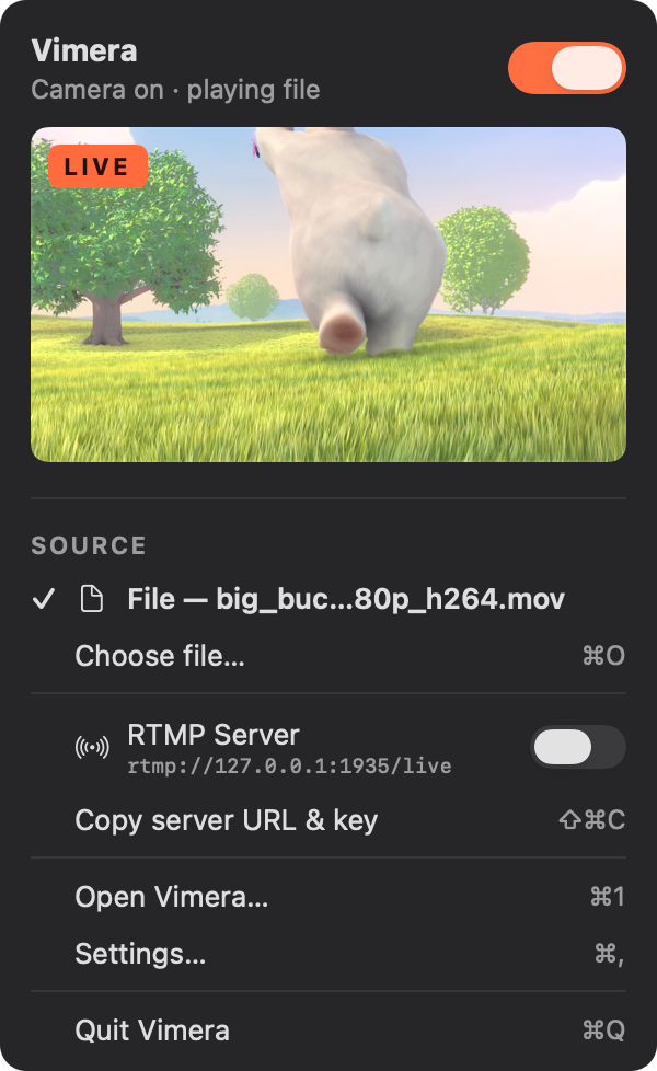 Vimera's menu bar panel with a live preview